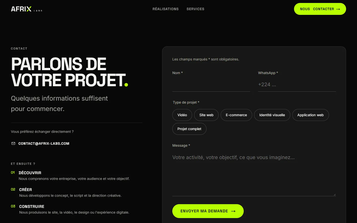 Page de contact du site AFRIX LABS sur ordinateur