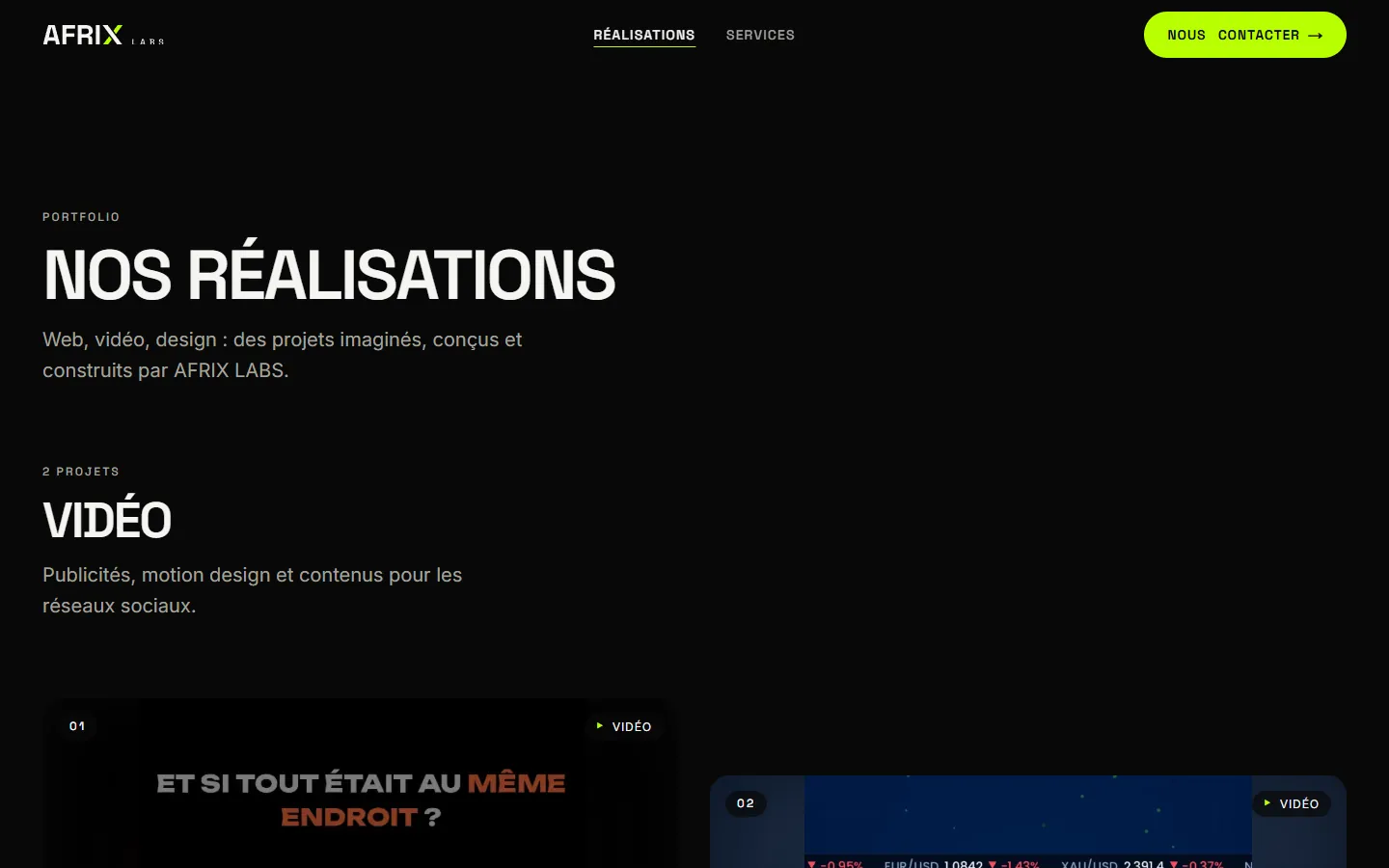 Page des réalisations du site AFRIX LABS sur ordinateur