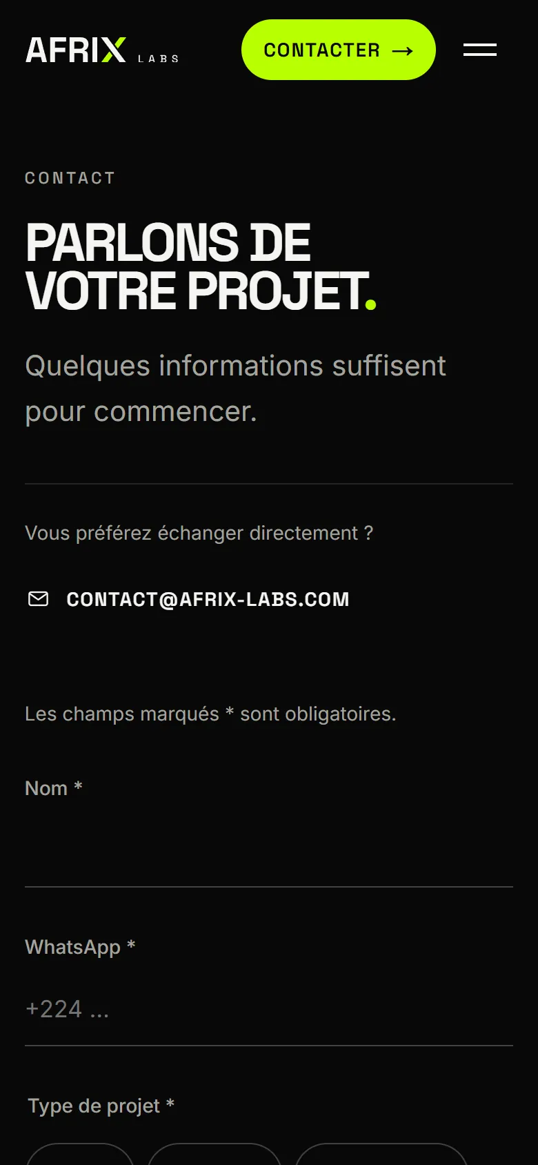 Formulaire de contact AFRIX LABS sur téléphone