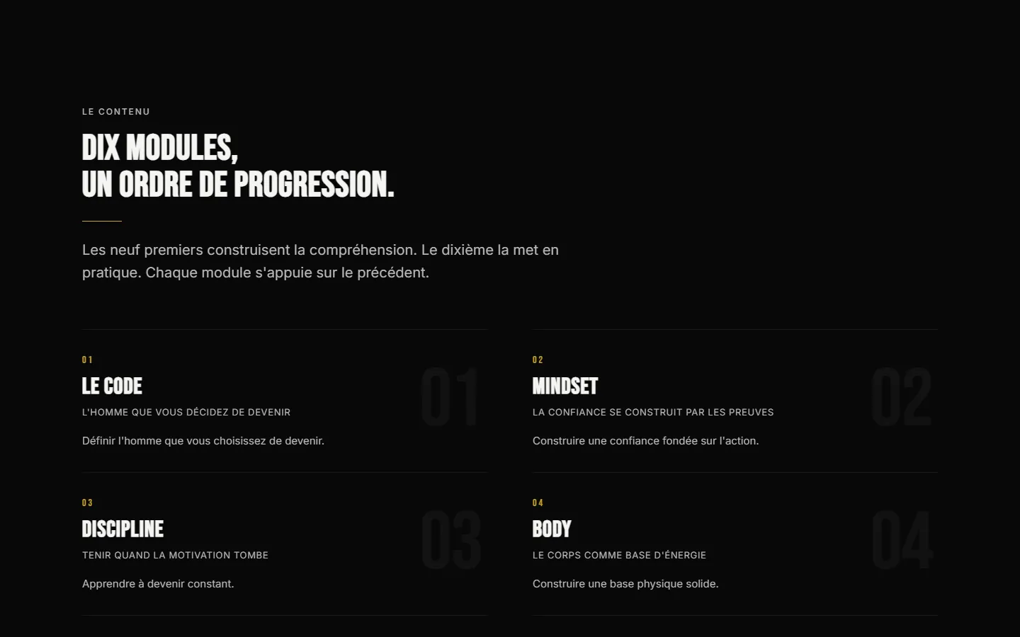 Section des dix modules du site ALPHA CODE