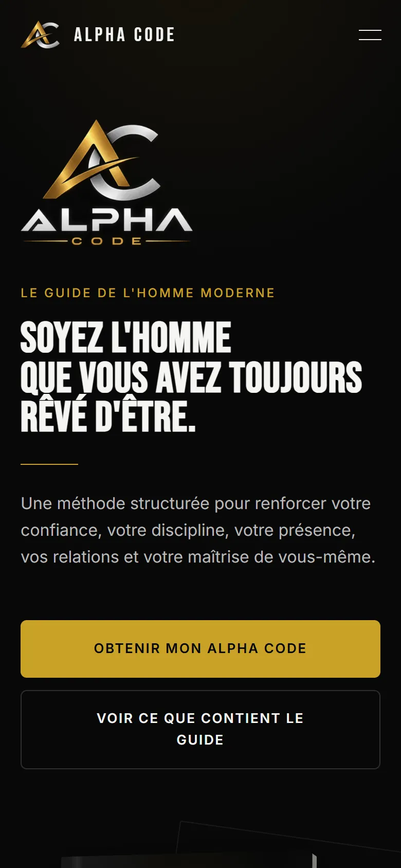 Accueil du site ALPHA CODE sur téléphone