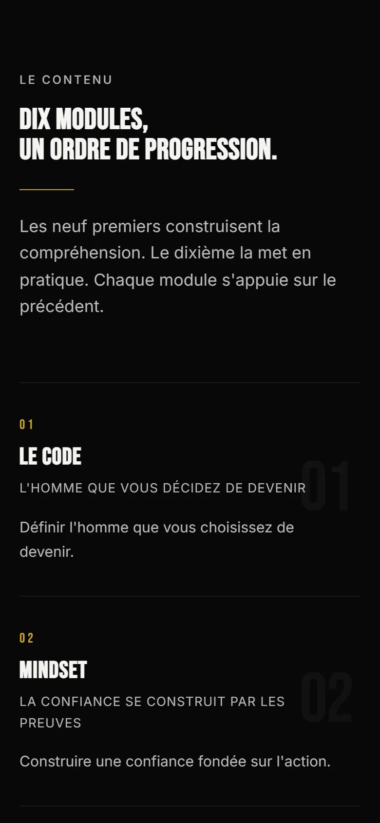Les modules du guide ALPHA CODE sur téléphone