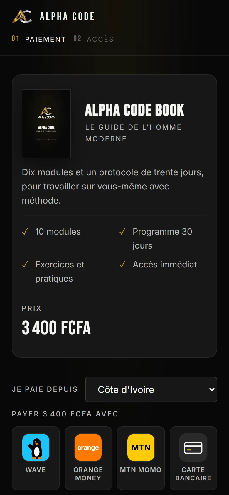 Paiement mobile money sur le site ALPHA CODE