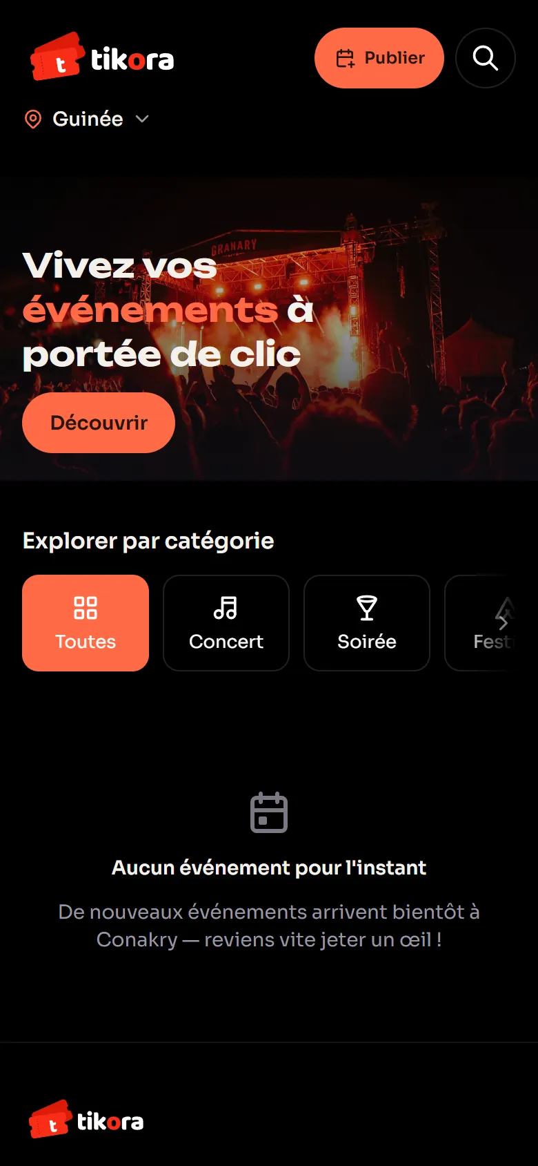 Page d'accueil du site TIKORA sur téléphone